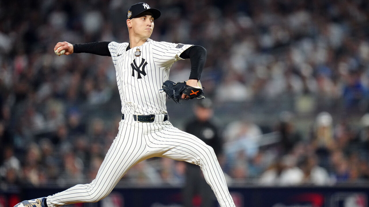 NEW YORK, NY - OCTOBER 30: Luke Weaver #30 of the New York Yankees pitches in the ninth inning during Game 5 of the 2024 World Series presented by Capital One between the Los Angeles Dodgers and the New York Yankees at Yankee Stadium on Wednesday, October 30, 2024 in New York, New York.