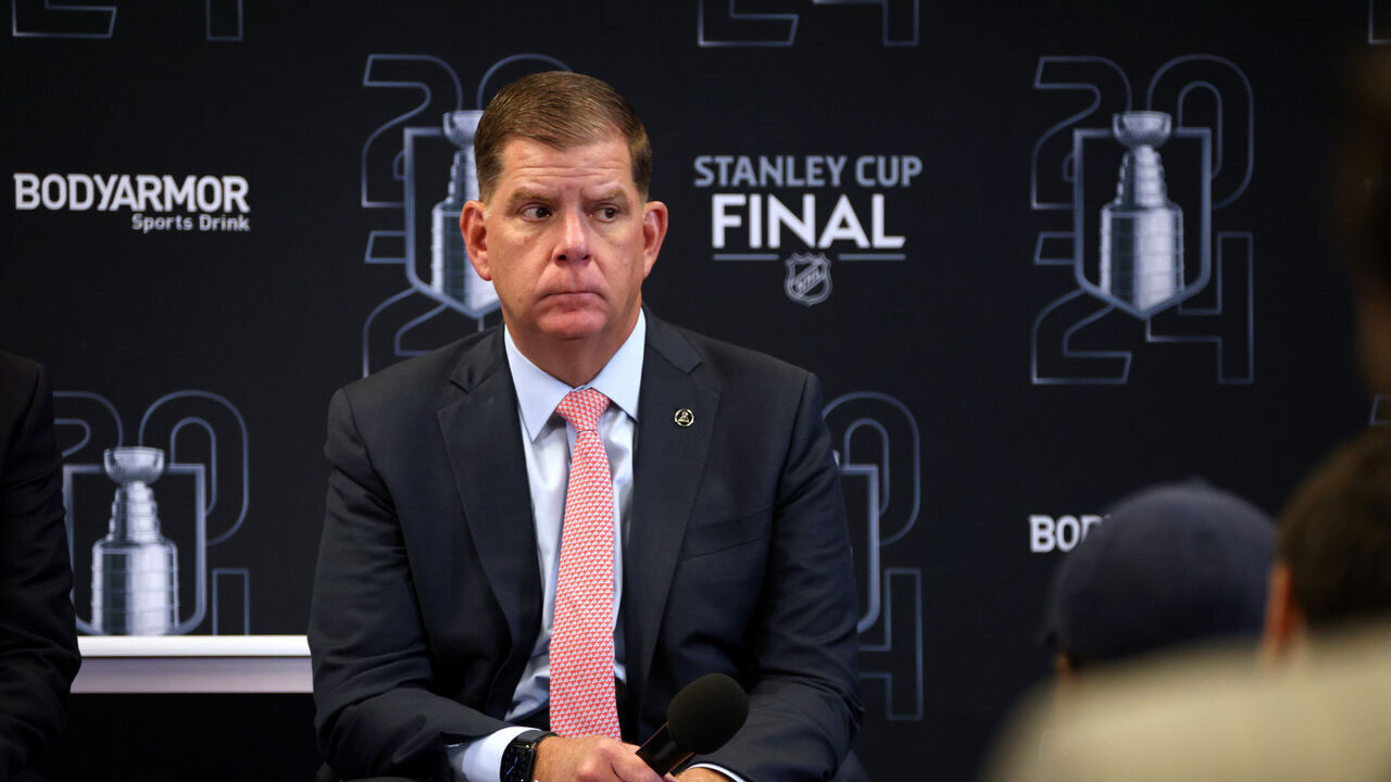 SUNRISE, FLORIDA - JUNE 08: NHLPA Executive Director Marty Walsh attends a media availability before Game One of the 2024 Stanley Cup Final between the Edmonton Oilers and the Florida Panthers at Amerant Bank Arena on June 08, 2024 in Sunrise, Florida.