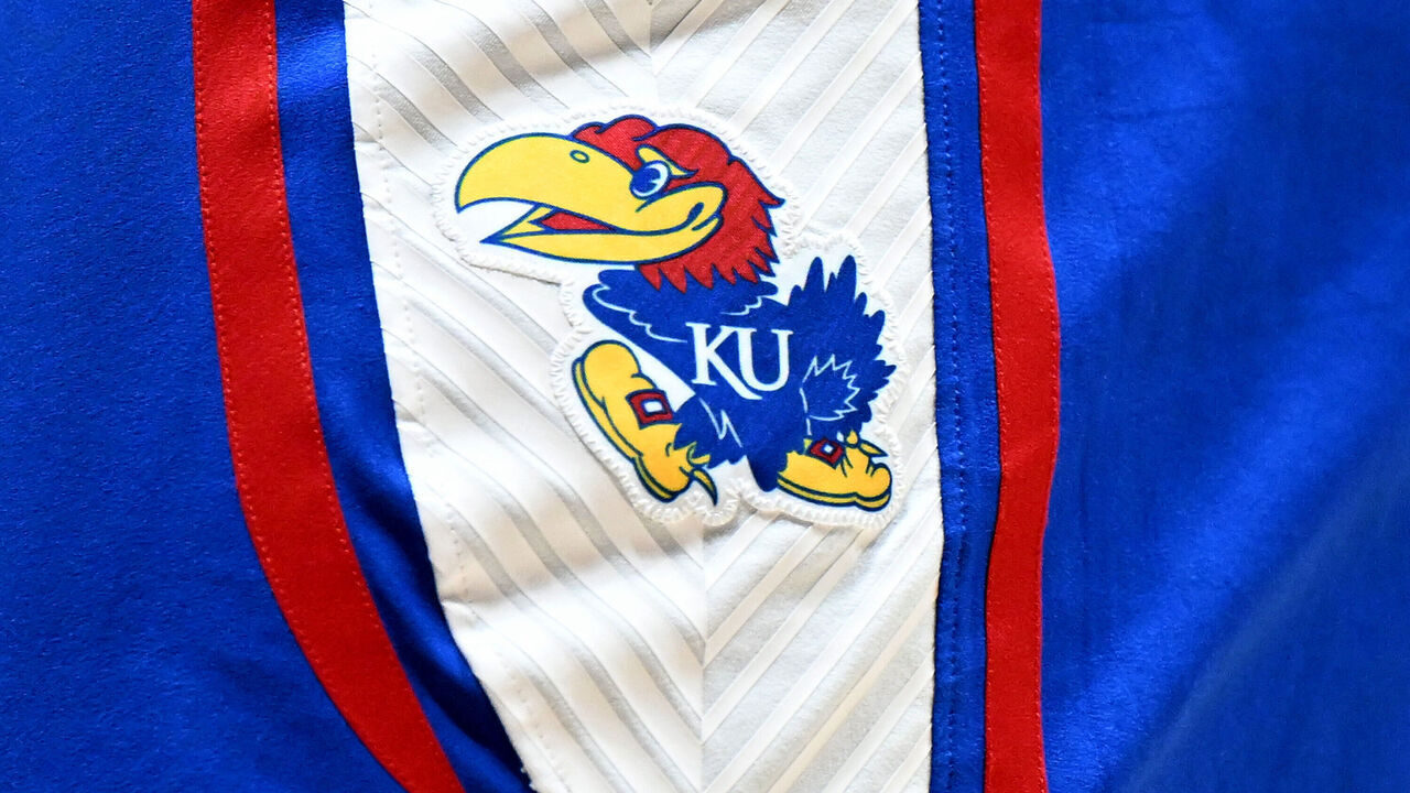 MORGANTOWN, WEST VIRGINIA - JANUARY 20: A view of the Kansas Jayhawks logo on their uniform during the game against the West Virginia Mountaineers at WVU Coliseum on January 20, 2024 in Morgantown, West Virginia.