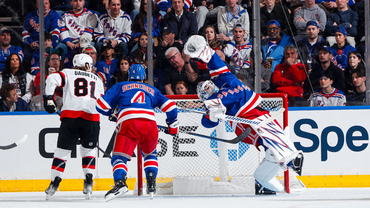 NEW YORK, NEW YORK - NOVEMBER 01: Igor Shesterkin #31 of the New York Rangers makes a save against the Ottawa Senators at Madison Square Garden on November 1, 2024 in New York City.