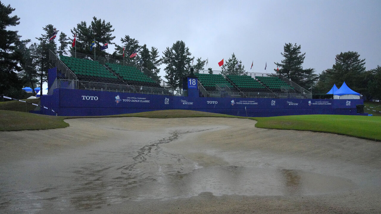 OTSU, JAPAN - NOVEMBER 02: A general view of the 18th green as the third round of the TOTO Japan Classic 2024 has been cancelled due to bad weather at Seta Golf Course on November 2, 2024 in Otsu, Shiga, Japan. The tournament has been shortened to 54-stroke play.
