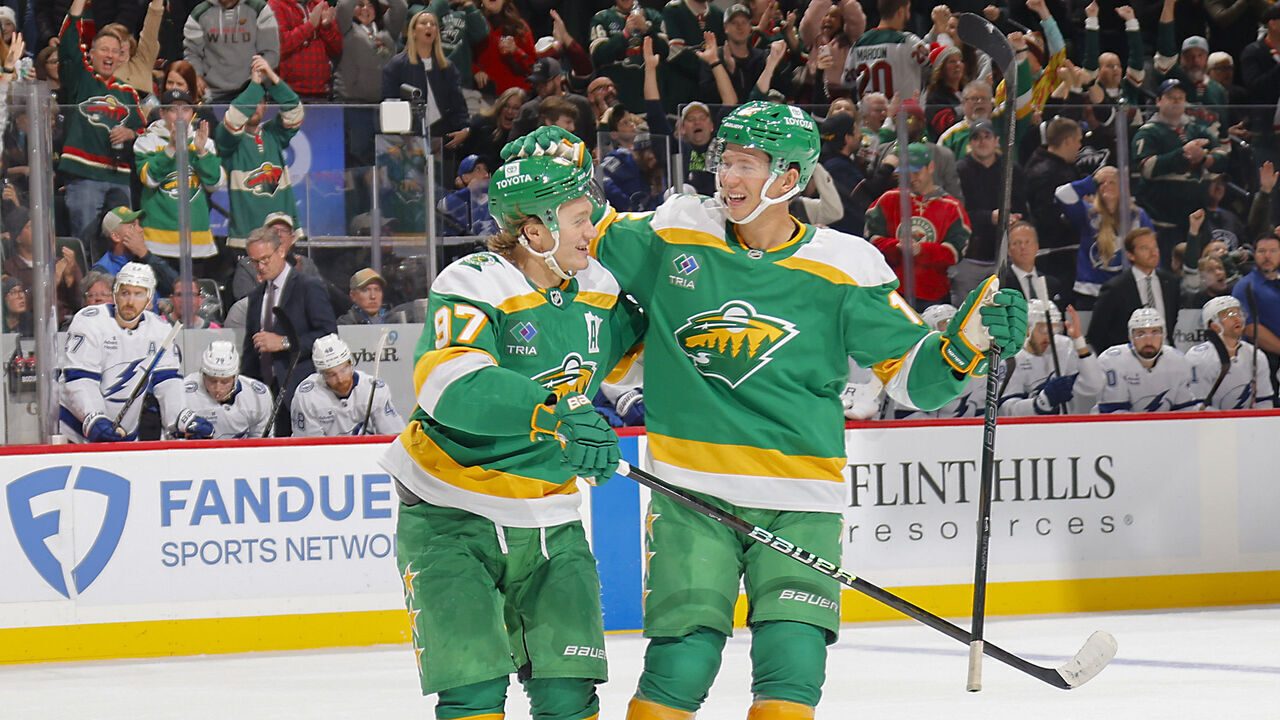 SAINT PAUL, MN - NOVEMBER 1: Kirill Kaprizov #97 celebrates his goal an empty net goal with his teammate Matt Boldy #12 of the Minnesota Wild against the Tampa Bay Lightning during the game at the Xcel Energy Center on November 1, 2024 in Saint Paul, Minnesota.