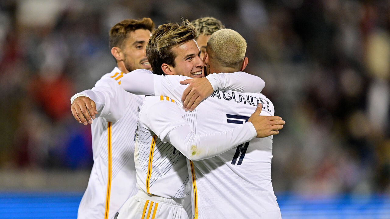 COMMERCE CITY, CO - NOVEMBER 01: Riqui Puig #10 of Los Angeles Galaxy celebrates after the first of his two goals in extra time in a first round match against the Colorado Rapids during the MLS Cup playoffs at Dick's Sporting Goods Park on November 1, 2024 in Commerce City, Colorado.