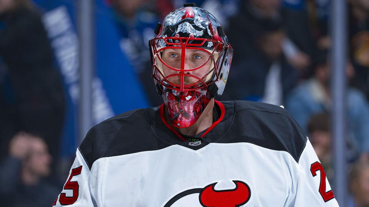 VANCOUVER, CANADA - OCTOBER 30: Jacob Markstrom #25 of the New Jersey Devils looks on from his crease during their NHL game against the Vancouver Canucks at Rogers Arena on October 30, 2024 in Vancouver, British Columbia, Canada.
