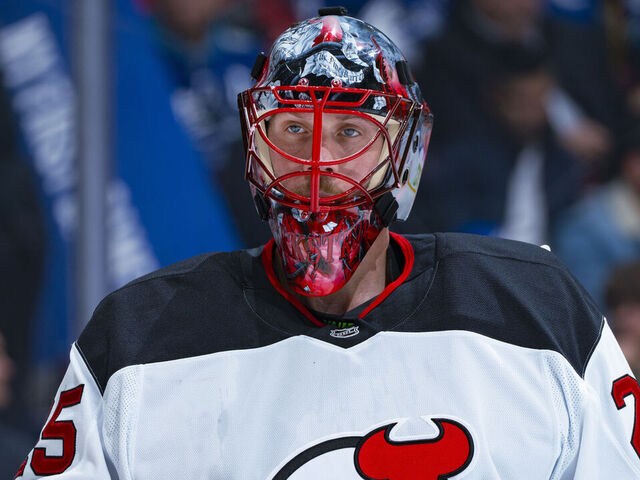 VANCOUVER, CANADA - OCTOBER 30: Jacob Markstrom #25 of the New Jersey Devils looks on from his crease during their NHL game against the Vancouver Canucks at Rogers Arena on October 30, 2024 in Vancouver, British Columbia, Canada.