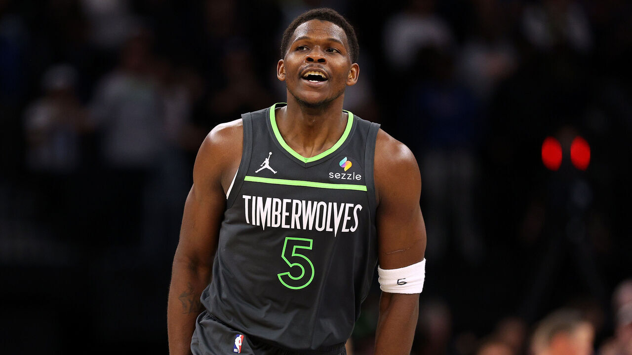 MINNEAPOLIS, MINNESOTA - NOVEMBER 01: Anthony Edwards #5 of the Minnesota Timberwolves celebrates his basket against the Denver Nuggets in the fourth quarter at Target Center on November 01, 2024 in Minneapolis, Minnesota. The Timberwolves defeated the Nuggets 119-116.