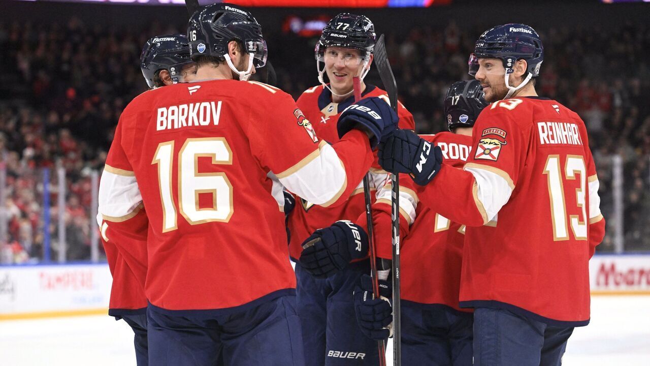 Dmitry Kulikov, Aleksander Barkov, Niko Mikkola (77), Evan Rodrigues and Sam Reinhart (13) of Florida celebrate the opening 0-1 goal by Rodrigues during the NHL Global Series Ice Hockey match Dallas Stars vs Florida Panthers in Tampere, Finland on November 2, 2024.