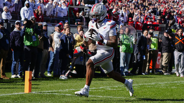 UNIVERSITY PARK, PA - NOVEMBER 02: Ohio State Buckeyes Wide Receiver Emeka Egbuka (2) runs with the ball for a touchdown after making a catch during the first half of the College Football game between the Ohio State Buckeyes and the Penn State Nittany Lions on November 2, 2024, at Beaver Stadium in University Park, PA.