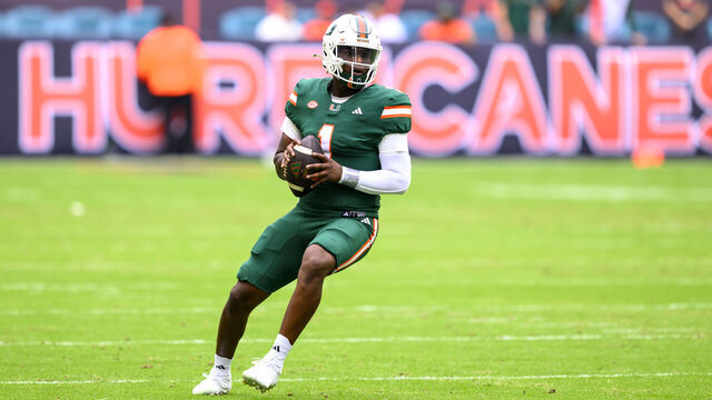 MIAMI GARDENS, FL - NOVEMBER 02: Miami quarterback Cam Ward (1) looks to throw the ball Miami wide receiver Xavier Restrepo (not shown) for a touchdown during the college football game between the Duke Blue Devils and the University of Miami Hurricanes on November 2, 2024 at the Hard Rock Stadium in Miami Gardens, FL.