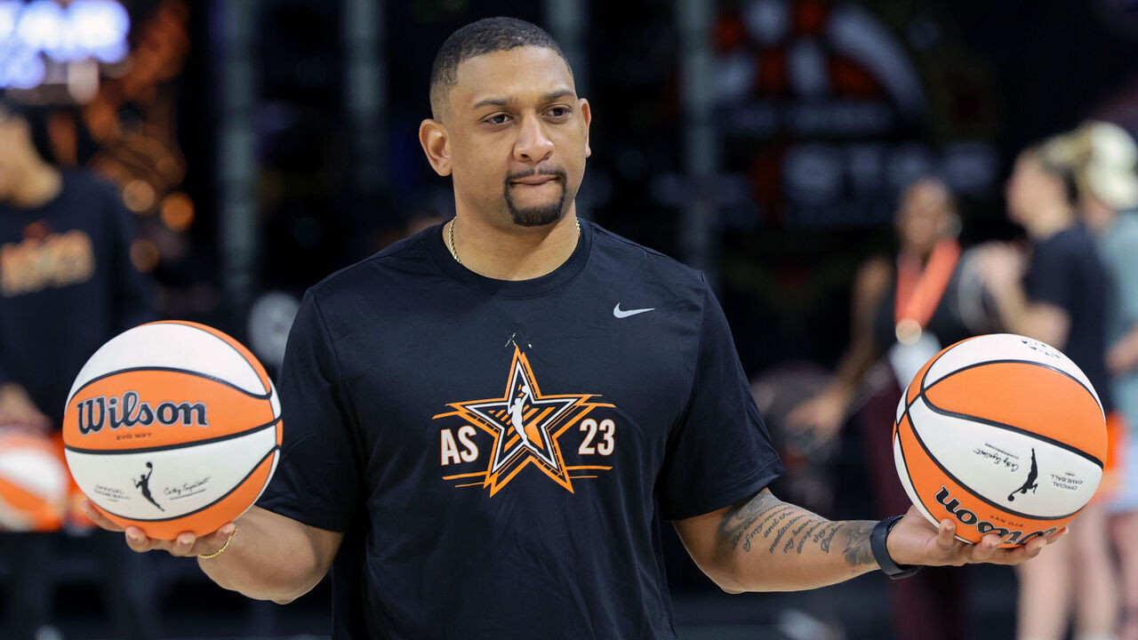 LAS VEGAS, NEVADA - JULY 14: Assistant coach/head of player development Tyler Marsh of the Las Vegas Aces carries basketballs before a WNBA All-Star Game team practice for Team Wilson at Michelob ULTRA Arena on July 14, 2023 in Las Vegas, Nevada.