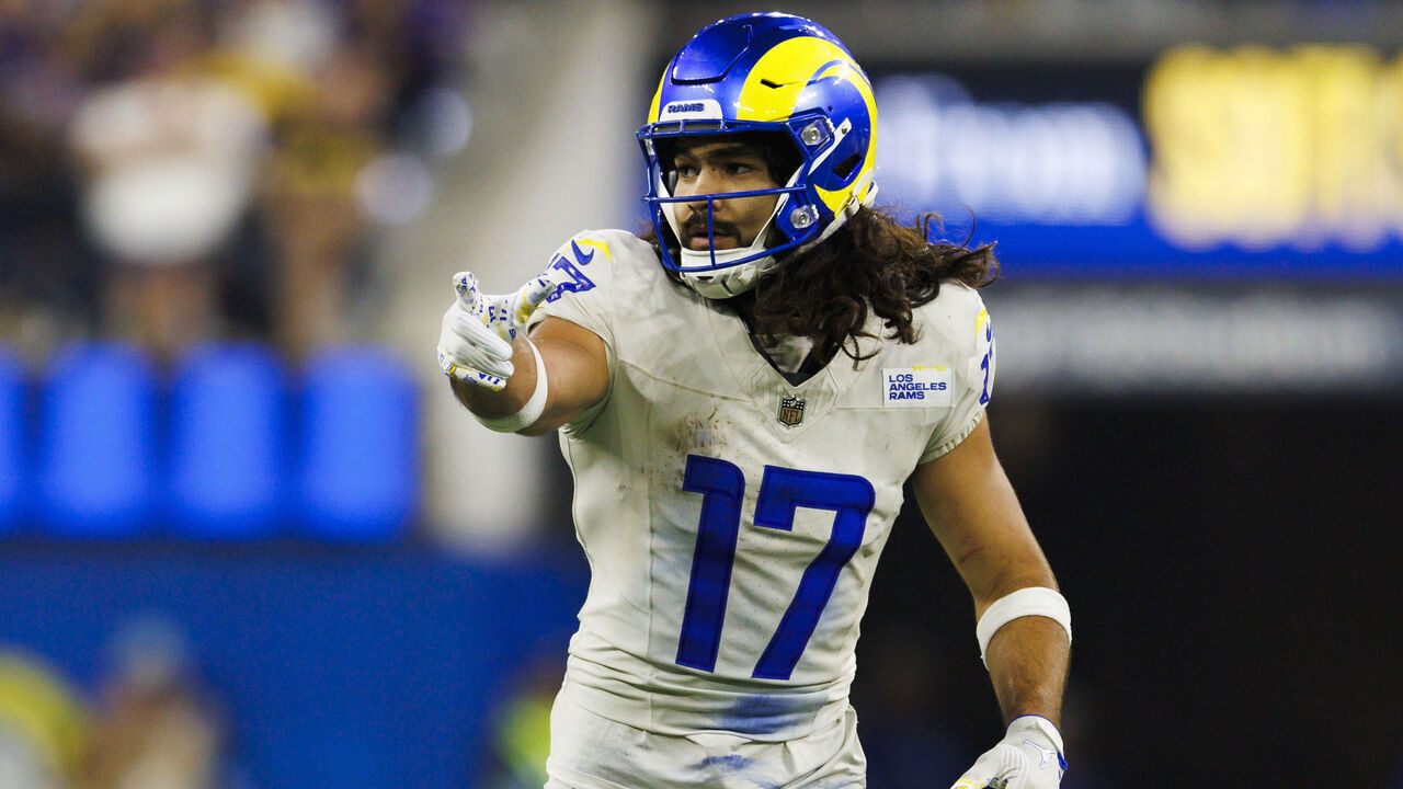 INGLEWOOD, CALIFORNIA - OCTOBER 24: Puka Nacua #17 of the Los Angeles Rams signals during the second half against Minnesota Vikings at SoFi Stadium on October 24, 2024 in Inglewood, California.