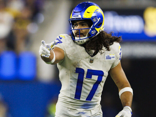 INGLEWOOD, CALIFORNIA - OCTOBER 24: Puka Nacua #17 of the Los Angeles Rams signals during the second half against Minnesota Vikings at SoFi Stadium on October 24, 2024 in Inglewood, California.