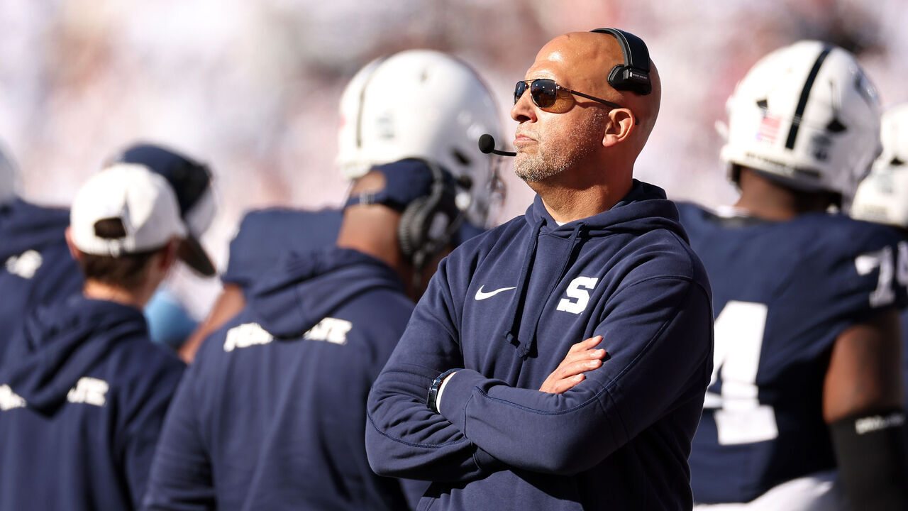 STATE COLLEGE, PENNSYLVANIA - NOVEMBER 02: Head coach James Franklin of the Penn State Nittany Lions looks on during the second quarter against the Ohio State Buckeyes at Beaver Stadium on November 02, 2024 in State College, Pennsylvania.