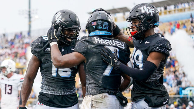 ORLANDO, FL - NOVEMBER 02: UCF Knights running back RJ Harvey (7) celebrates with teammates after a touchdown during a game between the Arizona Wildcats and the UCF Knights on November 02, 2024 at FBC Mortgage Stadium in Orlando, FL
