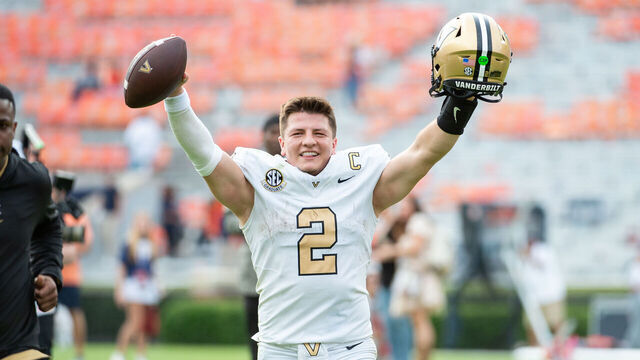 AUBURN, ALABAMA - NOVEMBER 02: Quarterback Diego Pavia #2 of the Vanderbilt Commodores celebrates after defeating the Auburn Tigers at Jordan-Hare Stadium on November 02, 2024 in Auburn, Alabama.