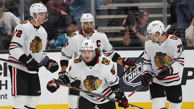 SAN JOSE, CA - OCTOBER 31: Chicago Blackhawks left wing Tyler Bertuzzi (59) celebrates his goal during the NHL game between the Chicago Blackhawks and the San Jose Sharks on October 31, 2024 at SAP Center in San Jose, CA.