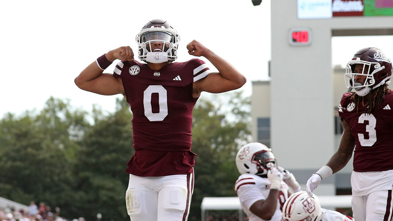 STARKVILLE, MISSISSIPPI - NOVEMBER 02: Michael Van Buren Jr. #0 of the Mississippi State Bulldogs celebrates after scoring a touchdown during the first half against the Massachusetts Minutemen at Davis Wade Stadium on November 02, 2024 in Starkville, Mississippi.