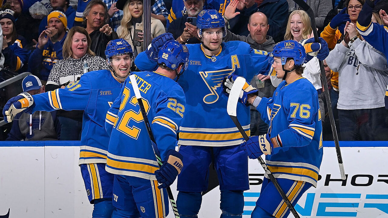 ST. LOUIS, MO - NOVEMBER 2: Colton Parayko #55 of the St. Louis Blues is congratulated after scoring a goal against the Toronto Maple Leafs on November 2, 2024 at the Enterprise Center in St. Louis, Missouri.