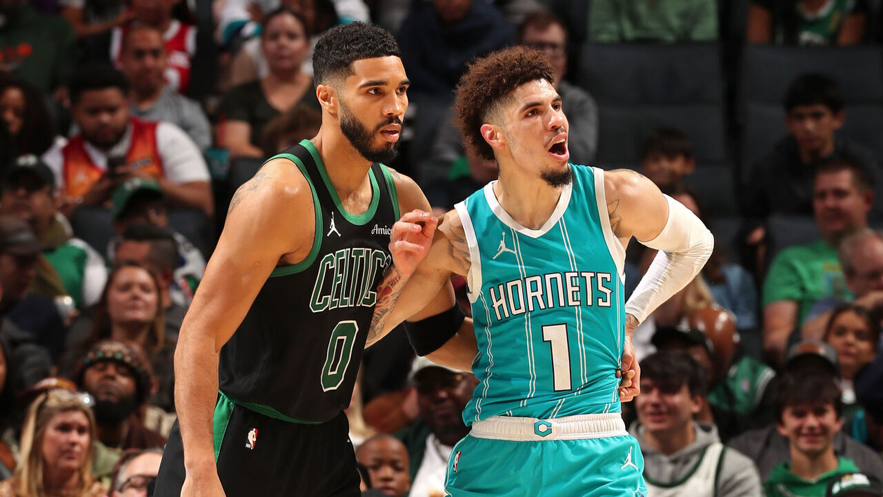 CHARLOTTE, NC - NOVEMBER 2: Jayson Tatum #0 of the Boston Celtics and LaMelo Ball #1 of the Charlotte Hornets look on during the game on November 2, 2024 at Spectrum Center in Charlotte, North Carolina. Mandatory Copyright Notice: Copyright 2024 NBAE