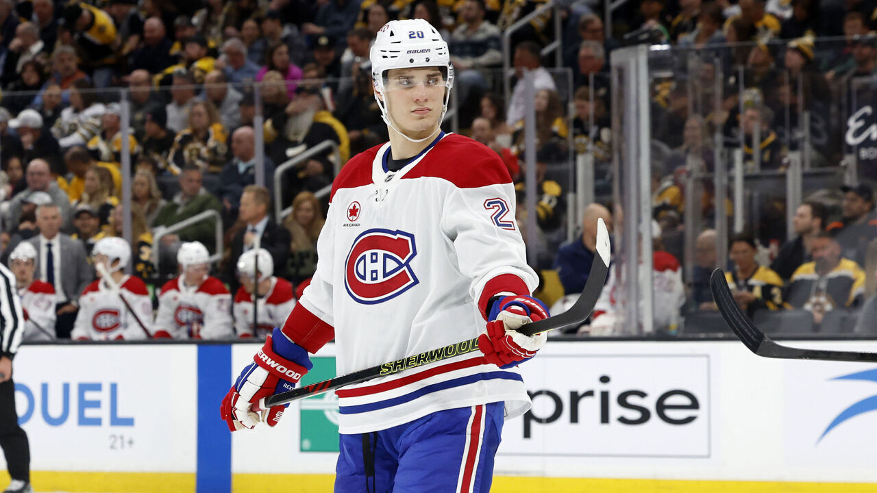 BOSTON, MA - OCTOBER 10: Montreal Canadiens right wing Juraj Slafkovsky (20) during a game between the Boston Bruins and the Montreal Canadiens on October 10, 2024, at TD Garden in Boston, Massachusetts.