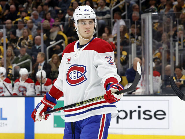 BOSTON, MA - OCTOBER 10: Montreal Canadiens right wing Juraj Slafkovsky (20) during a game between the Boston Bruins and the Montreal Canadiens on October 10, 2024, at TD Garden in Boston, Massachusetts.