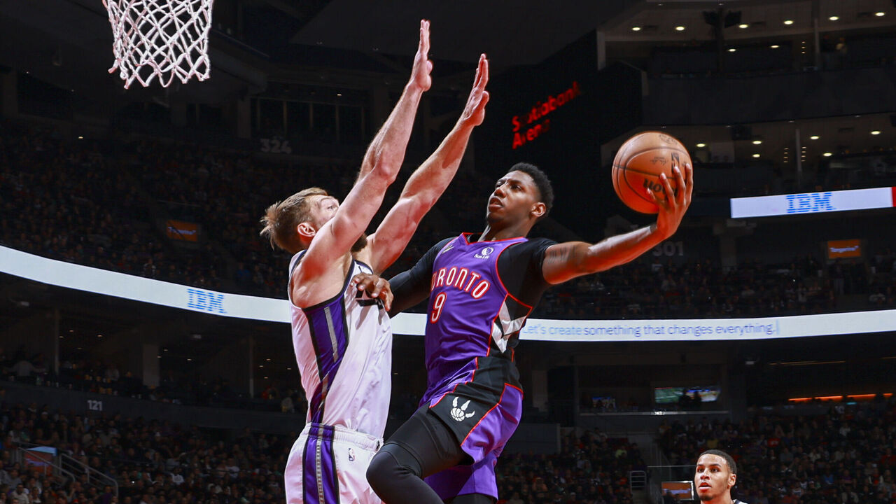 TORONTO, CANADA - NOVEMBER 2: RJ Barrett #9 of the Toronto Raptors shoots the ball during the game against the Sacramento Kings on November 2, 2024 at the Scotiabank Arena in Toronto, Ontario, Canada. Mandatory Copyright Notice: Copyright 2024 NBAE