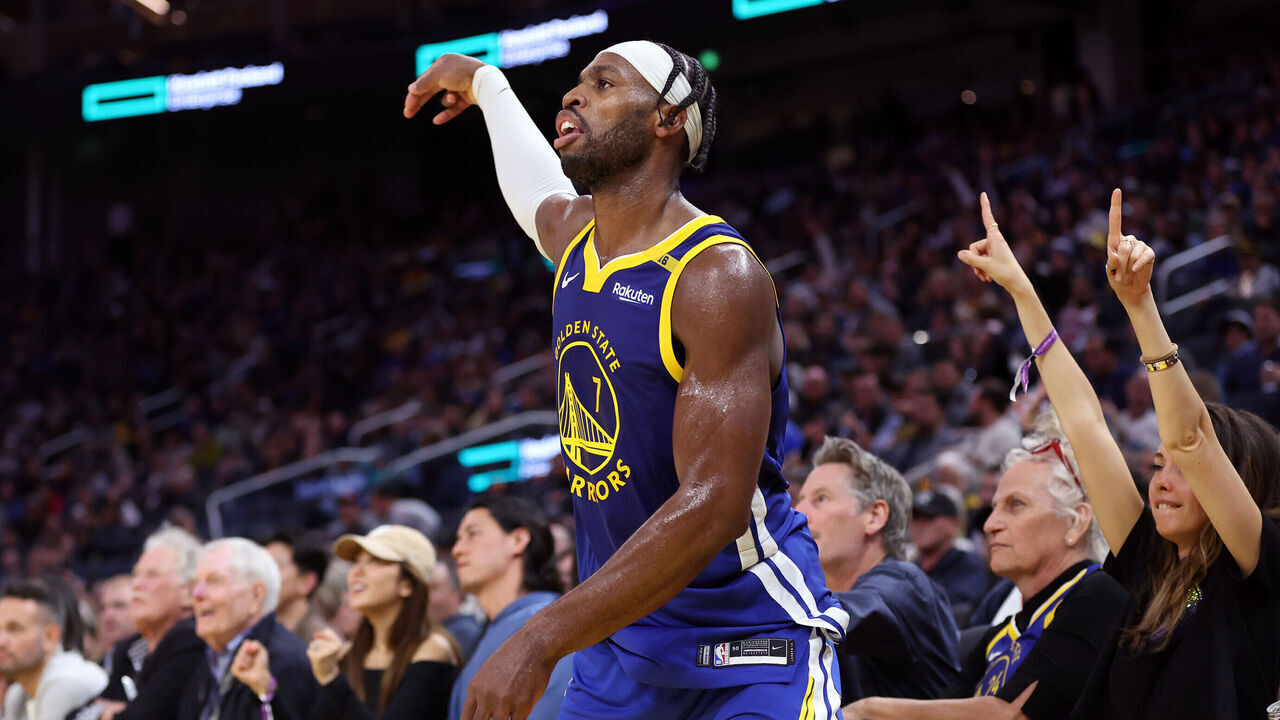 Golden State Warriors' Buddy Hield watches a successful 3-pointer in 4th quarter of 104-89 win over New Orleans Pelicans during NBA game at Chase Center in San Francisco on Wednesday, October 30, 2024.