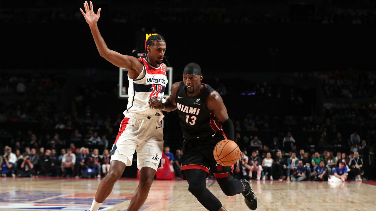 MEXICO CITY, MX - NOVEMBER 2: Bam Adebayo #13 of the Miami Heat handles the ball during the game against the Washington Wizards as part of 2024 NBA Mexico Games on November 2, 2024 in Mexico City, Mexico at Arena Ciudad de Mexico. Mandatory Copyright Notice: Copyright 2024 NBAE