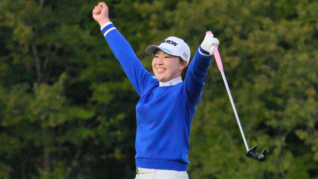 OTSU, JAPAN - NOVEMBER 03: Rio Takeda of Japan celebrates winning the tournament through the playoff on the 18th green on the playoff sixth hole following the final round of the TOTO Japan Classic 2024 at Seta Golf Course on November 3, 2024 in Otsu, Shiga, Japan.