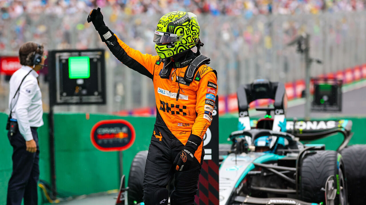 SAO PAULO, BRAZIL - NOVEMBER 3: Lando Norris of Great Britain and McLaren waves to the fans in parc ferme during the F1 Grand Prix of Brazil at Autodromo Jose Carlos Pace on November 3, 2024 in Sao Paulo, Brazil.