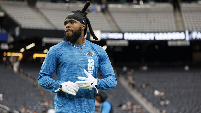 LAS VEGAS, NEVADA - SEPTEMBER 22: Wide receiver Diontae Johnson #5 of the Carolina Panthers looks on prior to an NFL football game against the Las Vegas Raiders, at Allegiant Stadium on September 22, 2024 in Las Vegas, Nevada.