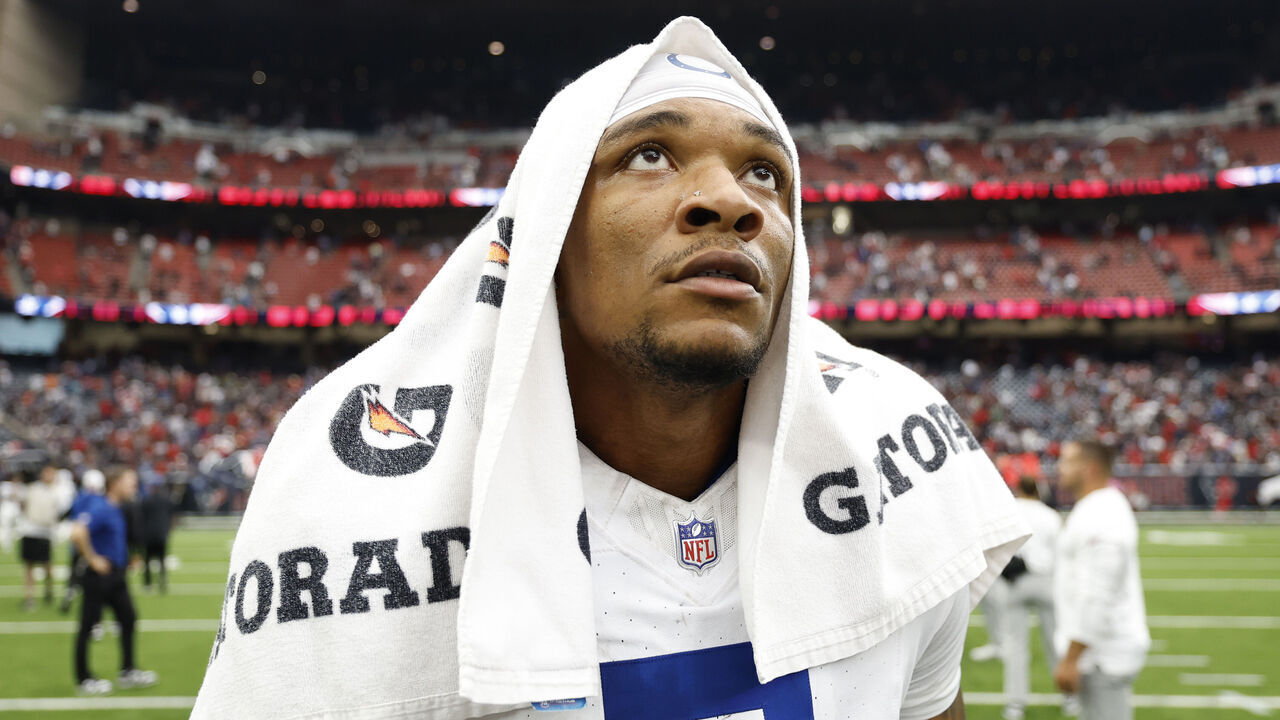 HOUSTON, TEXAS - OCTOBER 27: Anthony Richardson #5 of the Indianapolis Colts walks off the field after the game against the Houston Texans at NRG Stadium on October 27, 2024 in Houston, Texas.