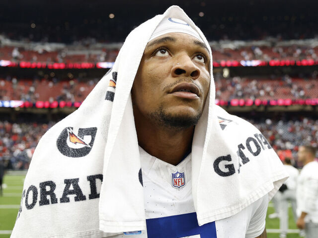 HOUSTON, TEXAS - OCTOBER 27: Anthony Richardson #5 of the Indianapolis Colts walks off the field after the game against the Houston Texans at NRG Stadium on October 27, 2024 in Houston, Texas.