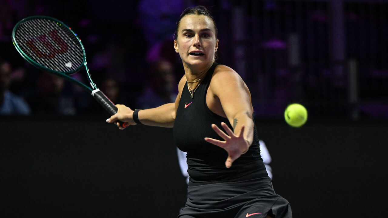 RIYADH, SAUDI ARABIA - NOVEMBER 02: Aryna Sabalenka in action during her match against China's Qinwen Zheng at the 2024 WTA Finals, part of the Hologic WTA Tour, held at King Saud University Indoor Arena on November 01, 2024, in Riyadh, Saudi Arabia.