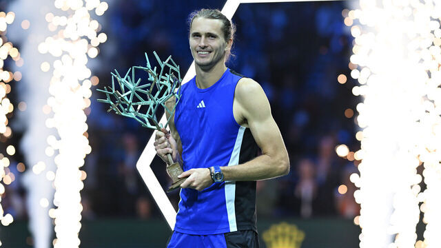 PARIS, FRANCE - NOVEMBER 03: Alexander Zverev of Germany poses with trophy after winning the Men's Singles final match against Ugo Humbert of France on day seven of Paris ATP Masters 1000 tennis tournament at Bercy Arena in Paris, France on November 03, 2024.