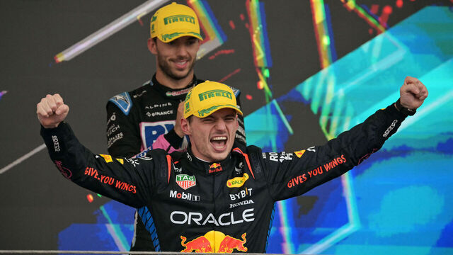 Red Bull Racing's Dutch driver Max Verstappen celebrates at the podium of the Formula One Sao Paulo Grand Prix, at the Jose Carlos Pace racetrack, aka Interlagos, in Sao Paulo, Brazil, on November 3, 2024.