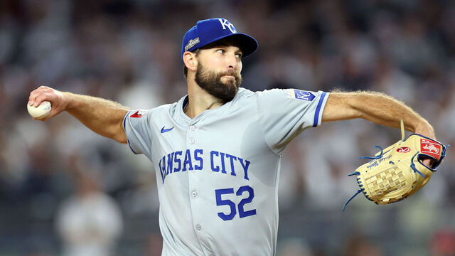 NEW YORK, NEW YORK - OCTOBER 05: Michael Wacha #52 of the Kansas City Royals against the New York Yankees delivers the pitch during the first inning in Game One of the Division Series at Yankee Stadium on October 05, 2024 in New York City.