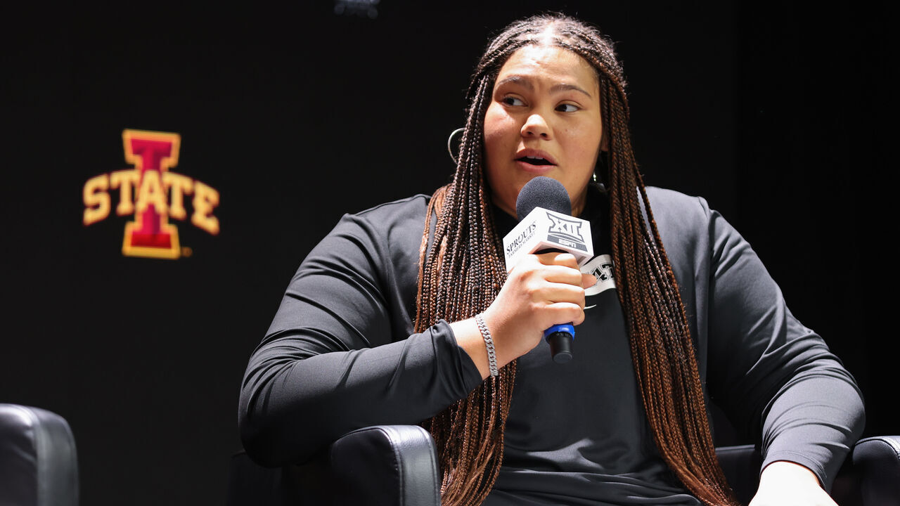 KANSAS CITY, MO - OCTOBER 22: Iowa State Cyclones center Audi Crooks (55) speaks during Big 12 Basketball Media Days on October 22, 2024 at T-Mobile Center in Kansas City, MO.