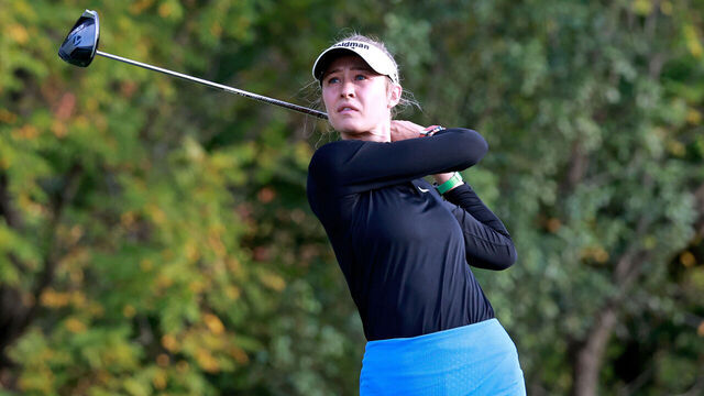 CINCINNATI, OH - SEPTEMBER 20: LPGA golfer Nelly Korda plays her tee shot on the 8th hole during the second round of the Kroger Queen City Championship presented by P&G on September 20, 2024, at TPC River's Bend in Cincinnati, Ohio.