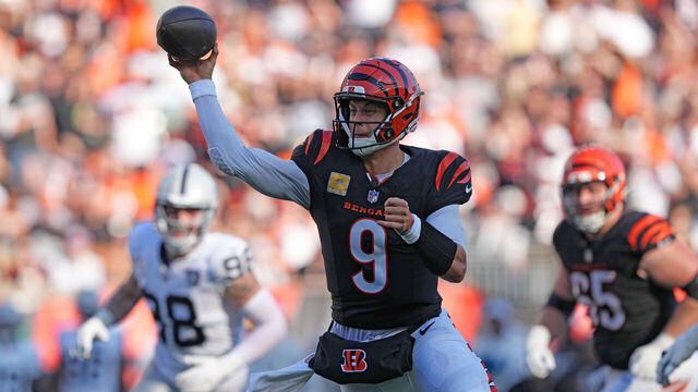 CINCINNATI, OHIO - NOVEMBER 03: Joe Burrow #9 of the Cincinnati Bengals passes the ball in the third quarter of a game against the Las Vegas Raiders at Paycor Stadium on November 03, 2024 in Cincinnati, Ohio.
