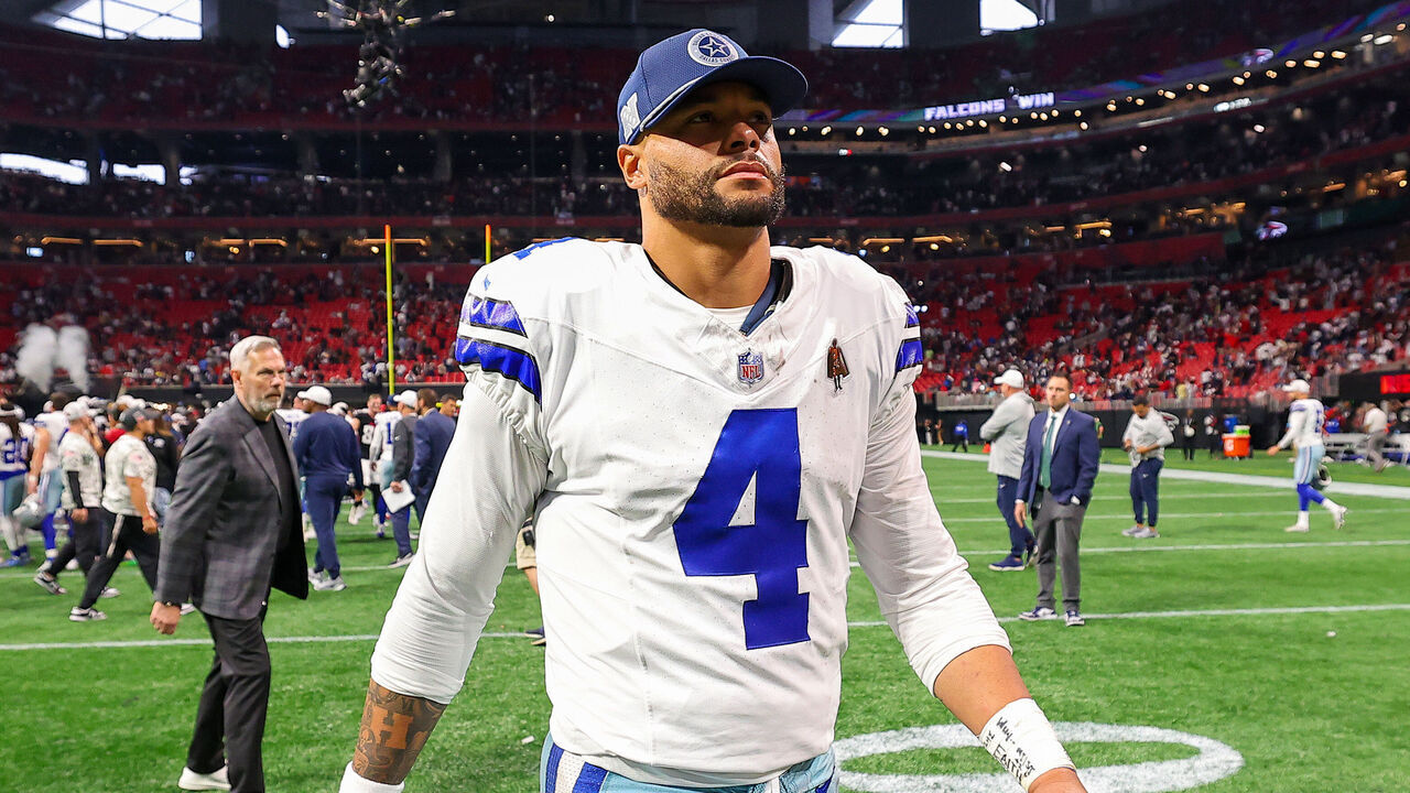 ATLANTA, GEORGIA - NOVEMBER 03: Dak Prescott #4 of the Dallas Cowboys walks off the field after a loss to the Atlanta Falcons at Mercedes-Benz Stadium on November 03, 2024 in Atlanta, Georgia.