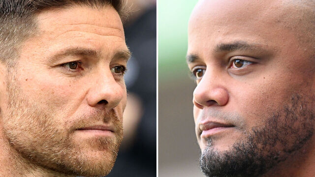 FILE PHOTO (EDITORS NOTE: COMPOSITE OF IMAGES - Image numbers 2163812139, 2173519737) In this composite image a comparison has been made between Head coach Xabi Alonso of Leverkusen (L) and Vincent Kompany, Head Coach of Bayern Munich. FC Bayern München and Bayer 04 Leverkusen meet in a Bundesliga fixture on September 28,2024 at the Allianz Arena in Munich,Germany. ***LEFT IMAGE*** ESSEN, GERMANY - JULY 26: Head coach Xabi Alonso of Leverkusen looks on prior to the pre-season friendly match between Rot-Weiss Essen and Bayer 04 Leverkusen at Stadion an der Hafenstrasse on July 26, 2024 in Essen, Germany.