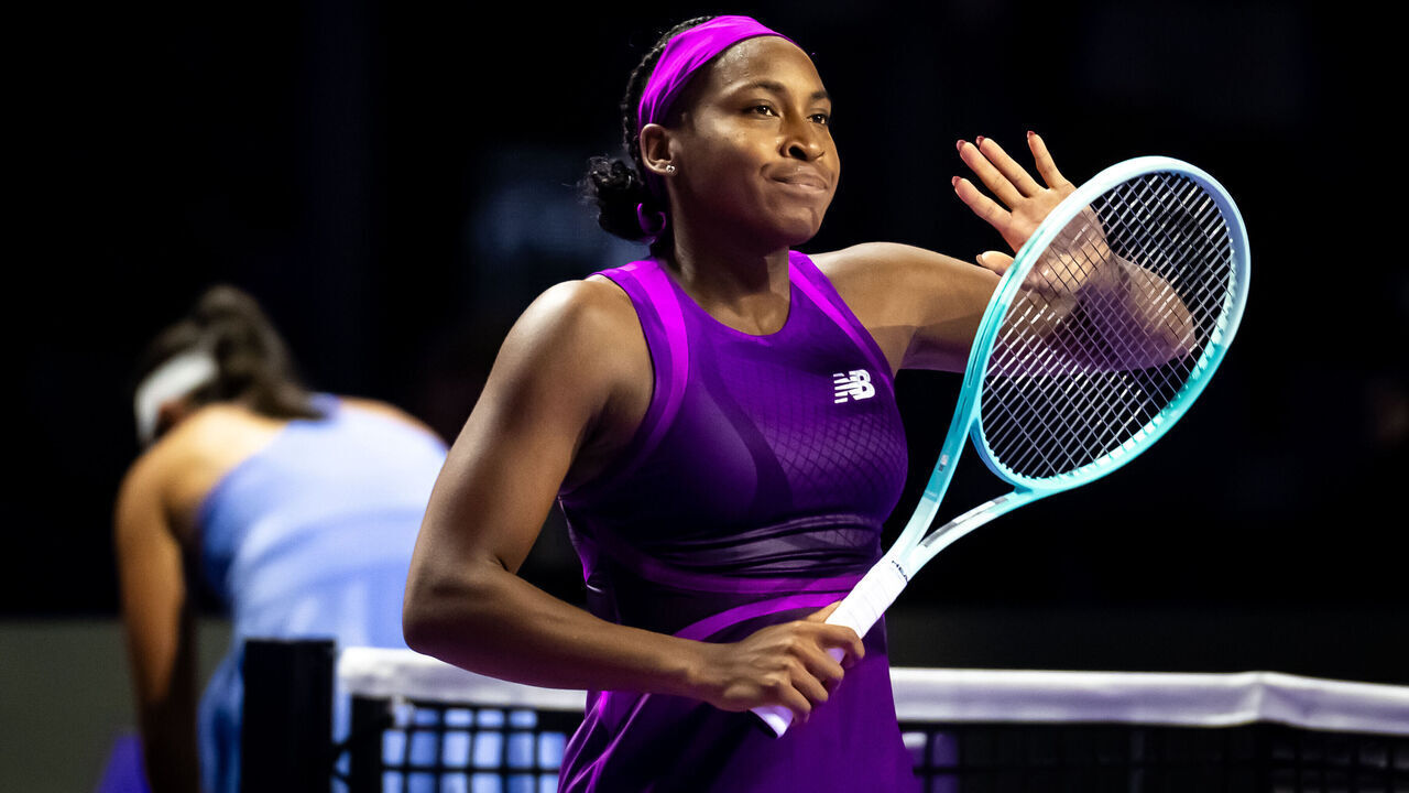 RIYADH, SAUDI ARABIA - NOVEMBER 03: Coco Gauff of the United States celebrates defeating Jessica Pegula of the United States in her first round robin match on Day 2 of WTA Finals Riyadh as part of the Hologic WTA Tour 2024 at King Saud University Indoor Arena on November 03, 2024 in Riyadh, Saudi Arabia