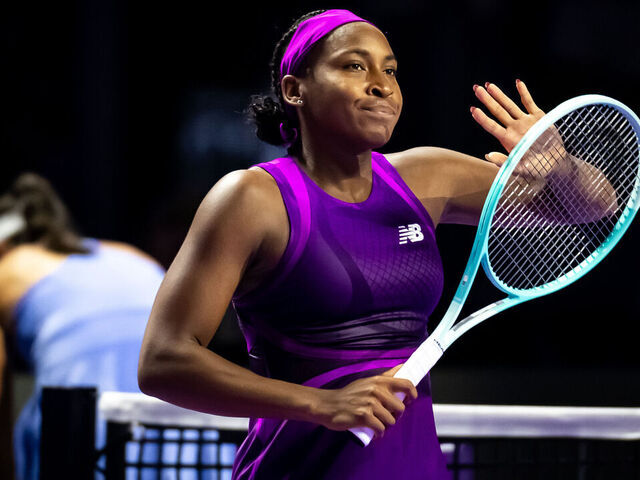 RIYADH, SAUDI ARABIA - NOVEMBER 03: Coco Gauff of the United States celebrates defeating Jessica Pegula of the United States in her first round robin match on Day 2 of WTA Finals Riyadh as part of the Hologic WTA Tour 2024 at King Saud University Indoor Arena on November 03, 2024 in Riyadh, Saudi Arabia