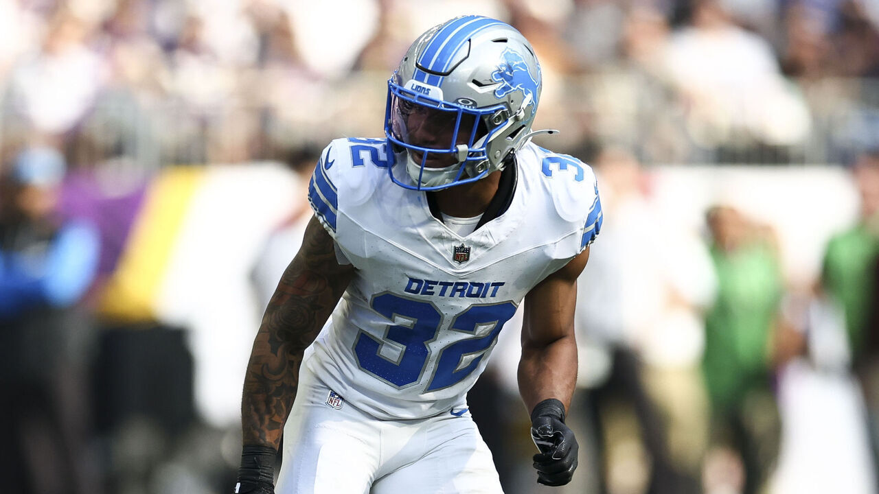MINNEAPOLIS, MINNESOTA - OCTOBER 20: Brian Branch #32 of the Detroit Lions runs downfield during an NFL football game against the Minnesota Vikings at U.S. Bank Stadium on October 20, 2024 in Minneapolis, Minnesota.