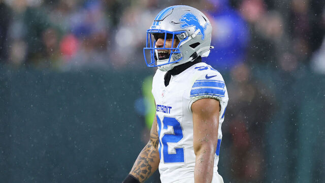 GREEN BAY, WISCONSIN - NOVEMBER 03: Brian Branch #32 of the Detroit Lions reacts after being ejected from the game during the second quarter of a game against the Green Bay Packers at Lambeau Field on November 03, 2024 in Green Bay, Wisconsin.