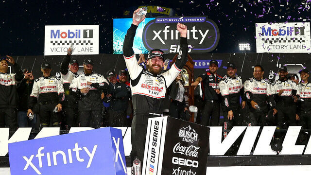MARTINSVILLE, VIRGINIA - NOVEMBER 03: Ryan Blaney, driver of the #12 Discount Tire Ford, celebrates in victory lane after winning the NASCAR Cup Series Xfinity 500 at Martinsville Speedway on November 03, 2024 in Martinsville, Virginia.