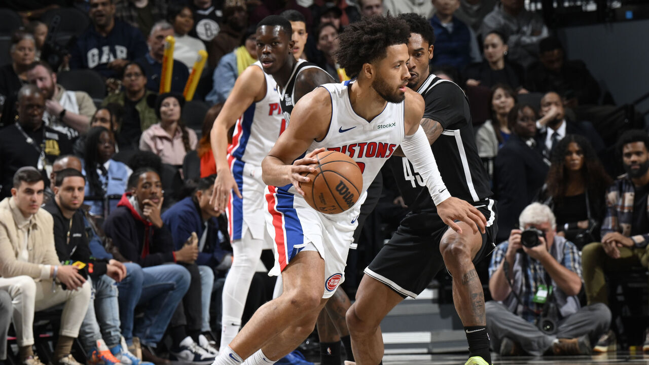 BROOKLYN, NY - NOVEMBER 3: Cade Cunningham #2 of the Detroit Pistons drives to the basket during the game against the Brooklyn Nets on November 3, 2024 at Barclays Center in Brooklyn, New York. Mandatory Copyright Notice: Copyright 2024 NBAE