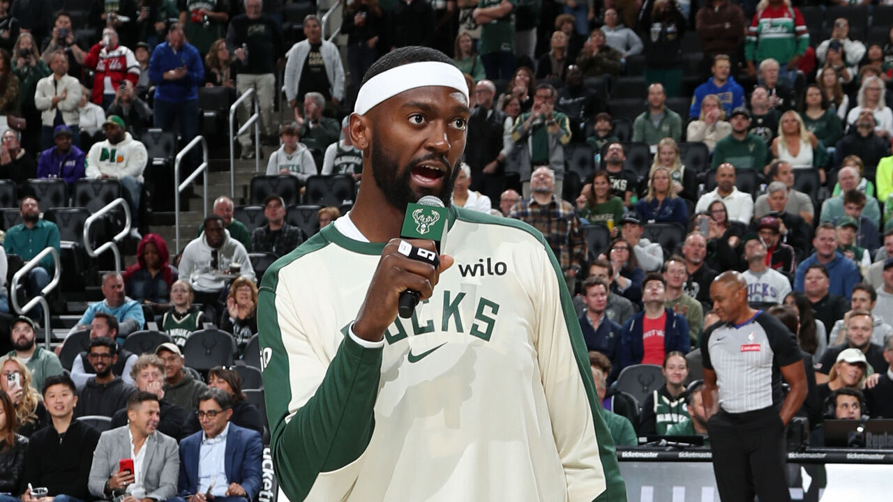 MILWAUKEE, WI - OCTOBER 25: Bobby Portis #9 of the Milwaukee Bucks speaks to the fans before the game against the Chicago Bulls on October 25, 2024 at the Fiserv Forum Center in Milwaukee, Wisconsin. Mandatory Copyright Notice: Copyright 2024 NBAE .
