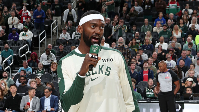 MILWAUKEE, WI - OCTOBER 25: Bobby Portis #9 of the Milwaukee Bucks speaks to the fans before the game against the Chicago Bulls on October 25, 2024 at the Fiserv Forum Center in Milwaukee, Wisconsin. Mandatory Copyright Notice: Copyright 2024 NBAE .